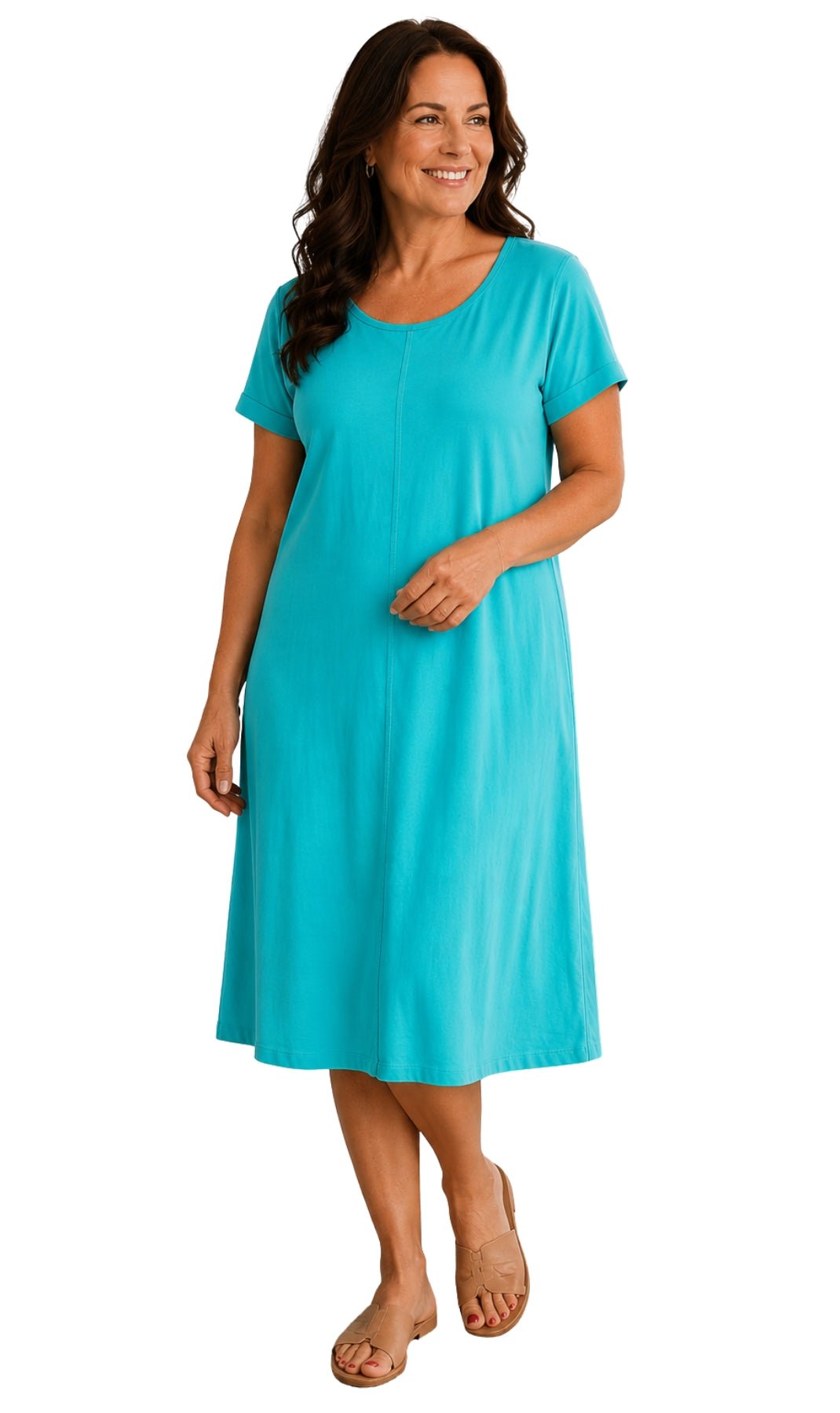 Women's Short Sleeve A-Line Knit Dress — Scoop Neck Asymmetrical Hem - Pendo Store