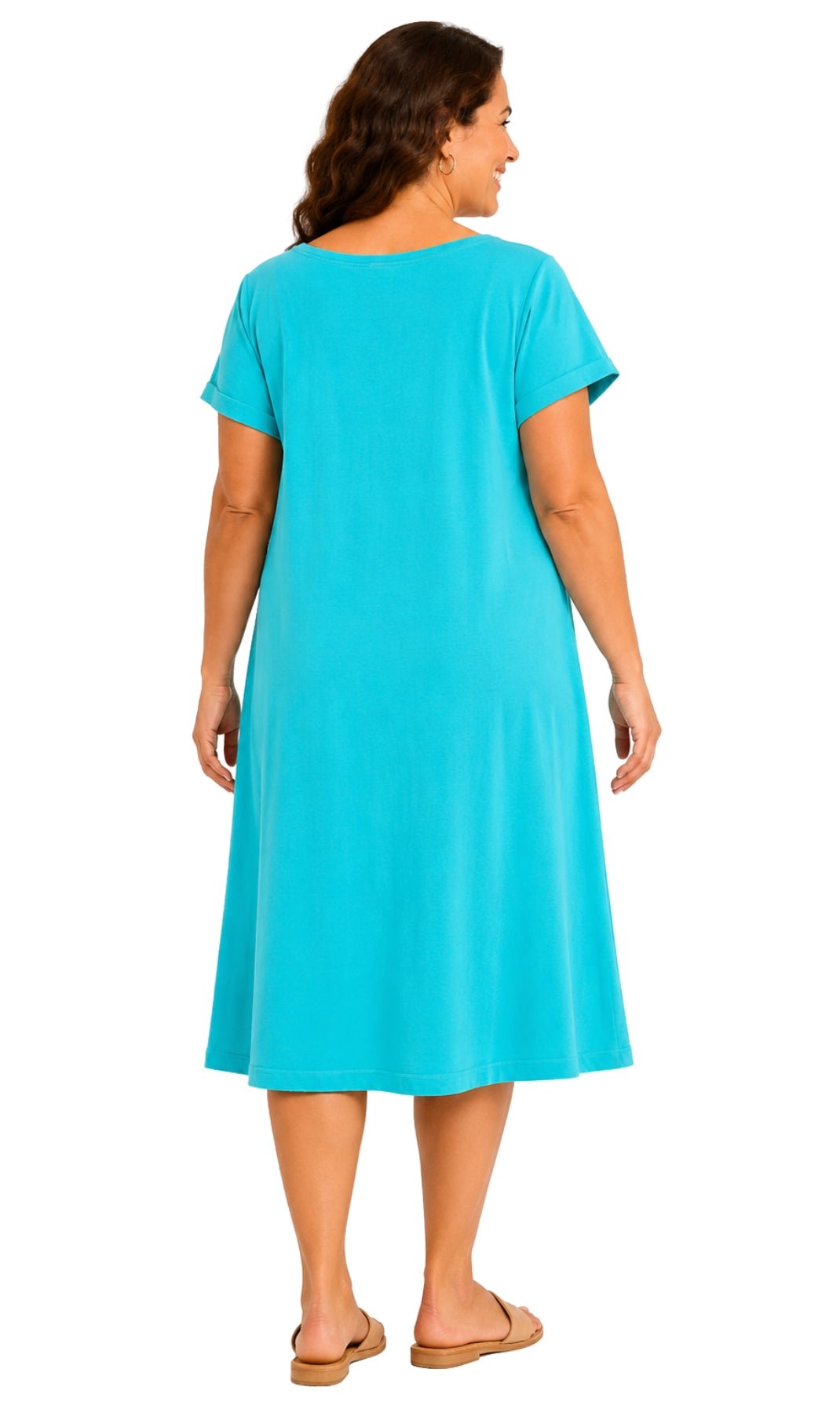 Women's Short Sleeve A-Line Knit Dress — Scoop Neck Asymmetrical Hem - Pendo Store