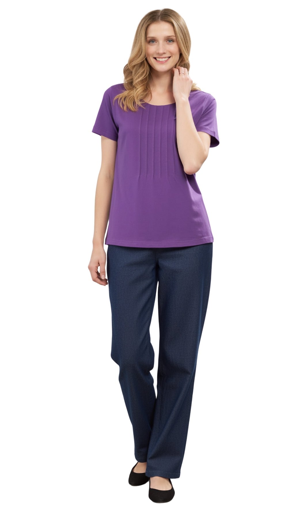 Women's Short Sleeve Pintuck Scoop Neck T-Shirt — 100% Cotton Knit - Pendo Store