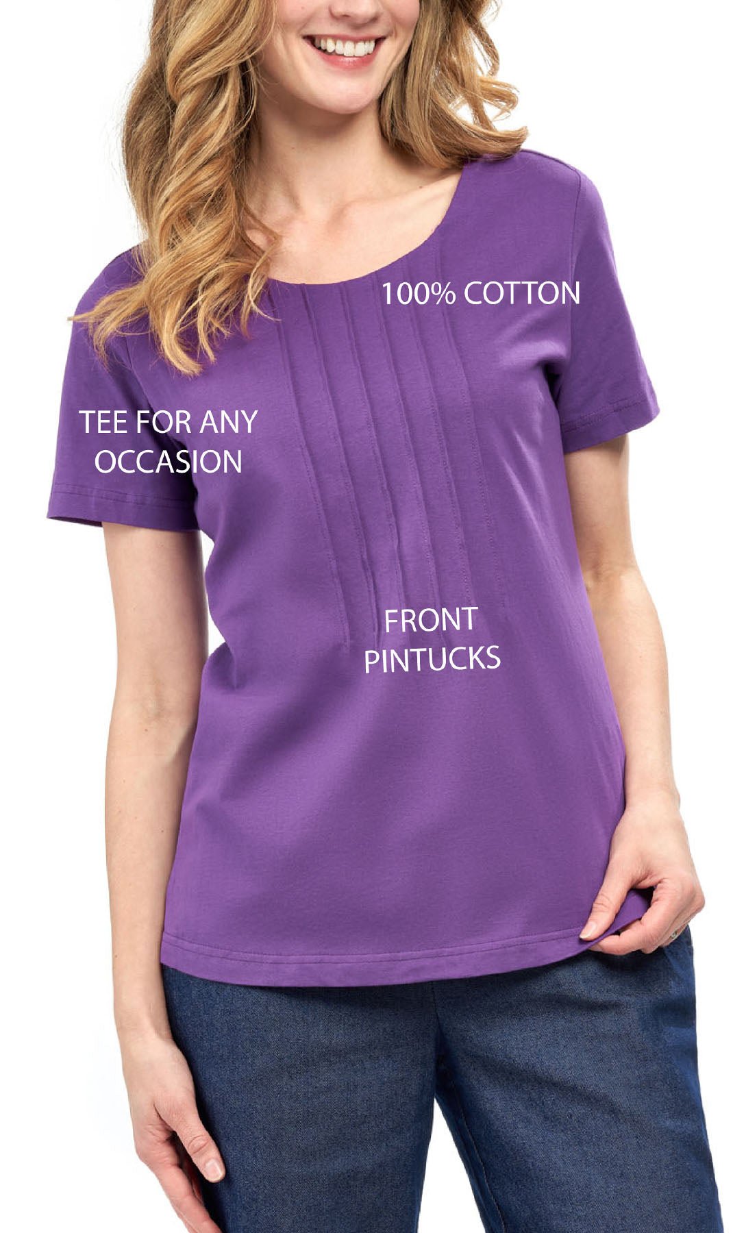 Women's Short Sleeve Pintuck Scoop Neck T-Shirt — 100% Cotton Knit - Pendo Store