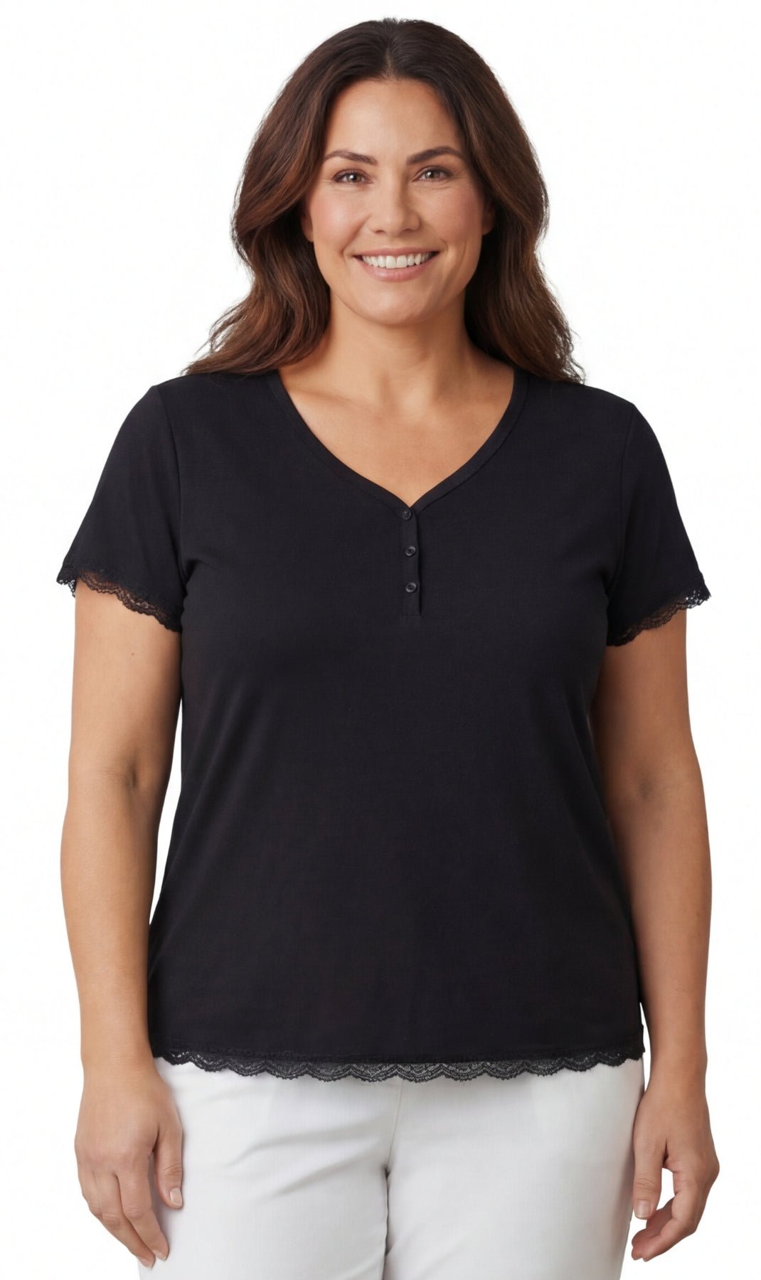 Women's Short Sleeve V-Neck Tee with 3-Button Henley Placket - Pendo Store