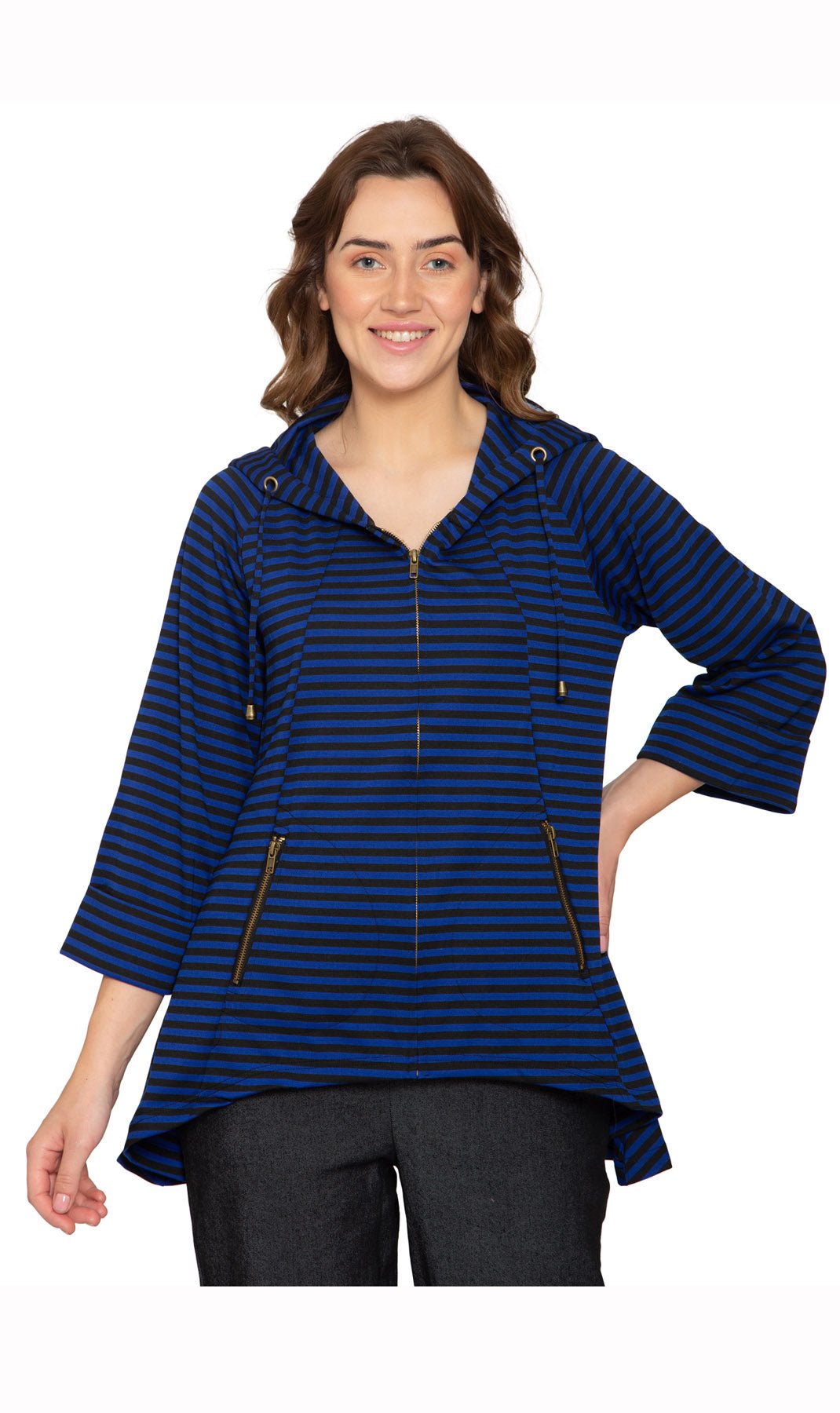 Women's Striped Zip Front High Low Hooded Jacket - Pendo Store