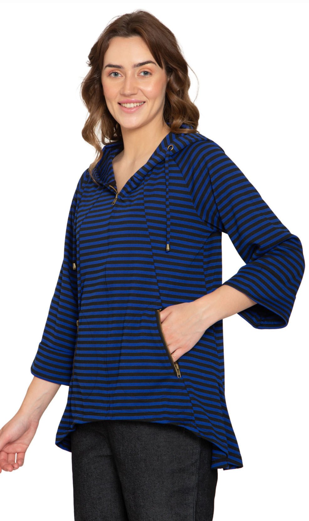Women's Striped Zip Front High Low Hooded Jacket - Pendo Store