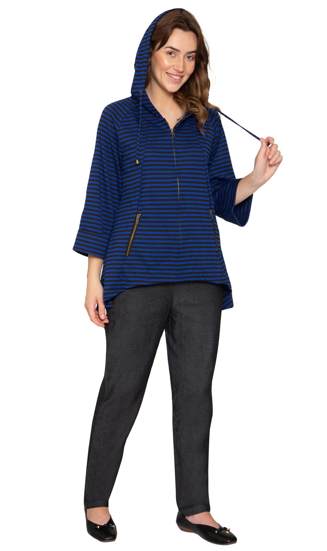 Women's Striped Zip Front High Low Hooded Jacket - Pendo Store