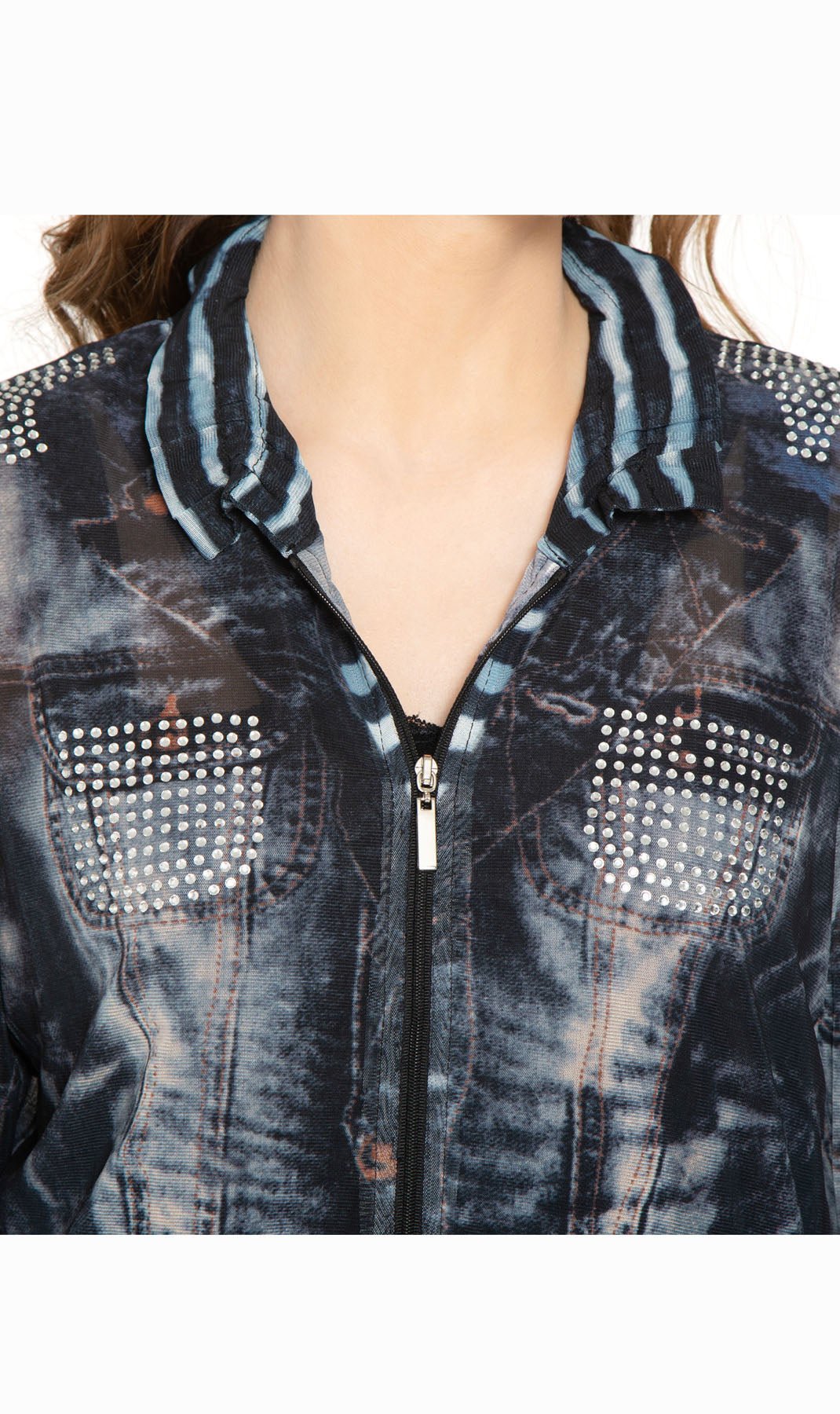 Women's Zip Front Mesh Denim Look Printed Jacket - Pendo Store