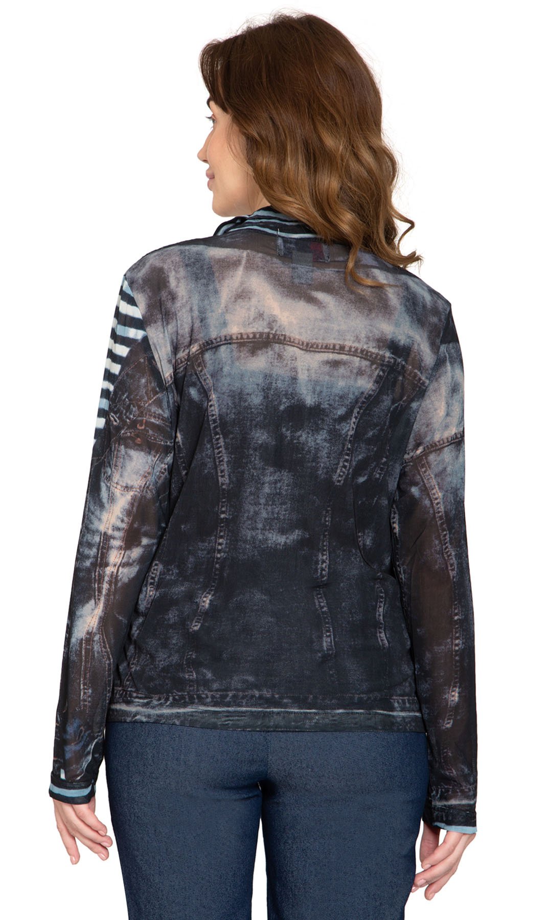 Women's Zip Front Mesh Denim Look Printed Jacket - Pendo Store