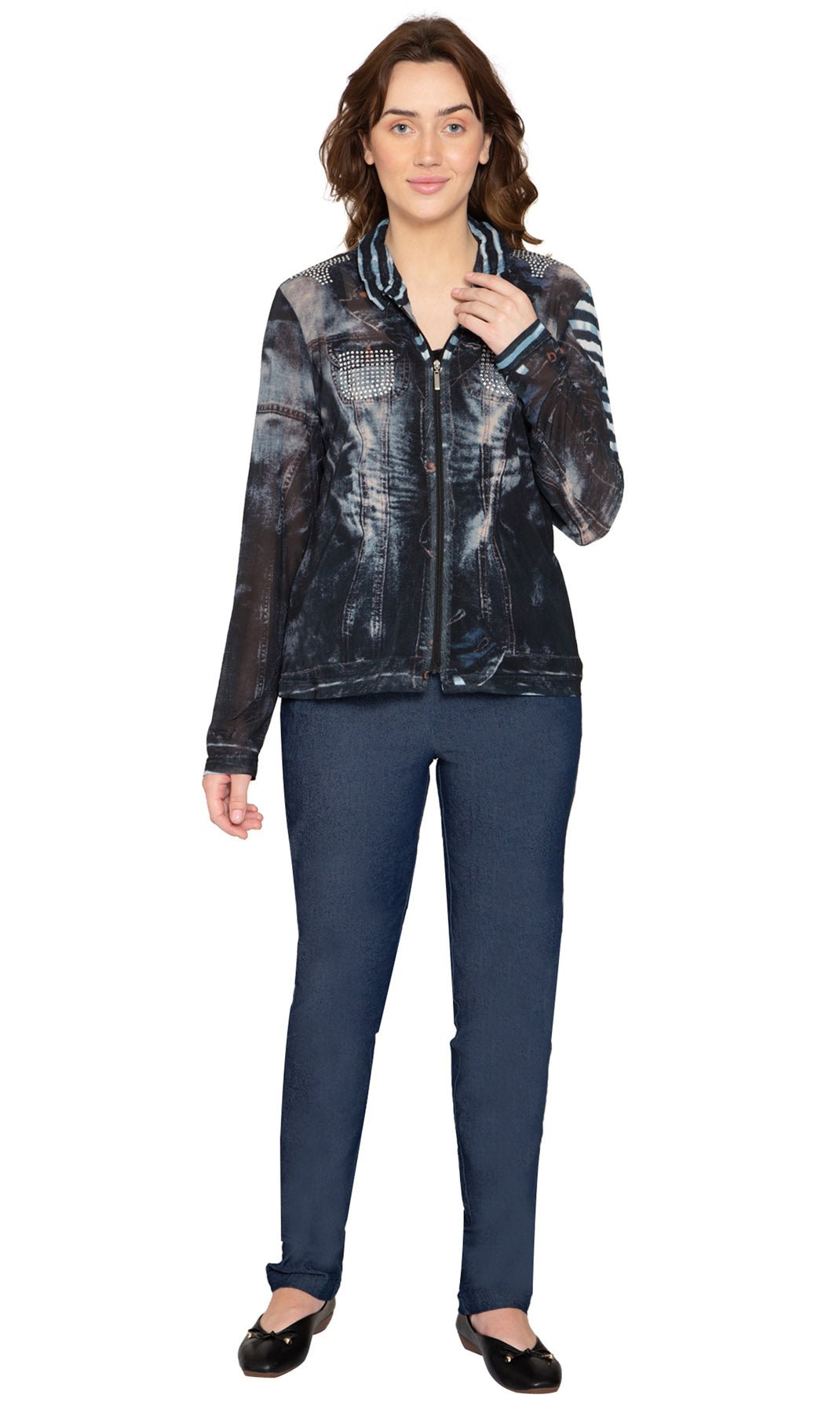 Women's Zip Front Mesh Denim Look Printed Jacket - Pendo Store