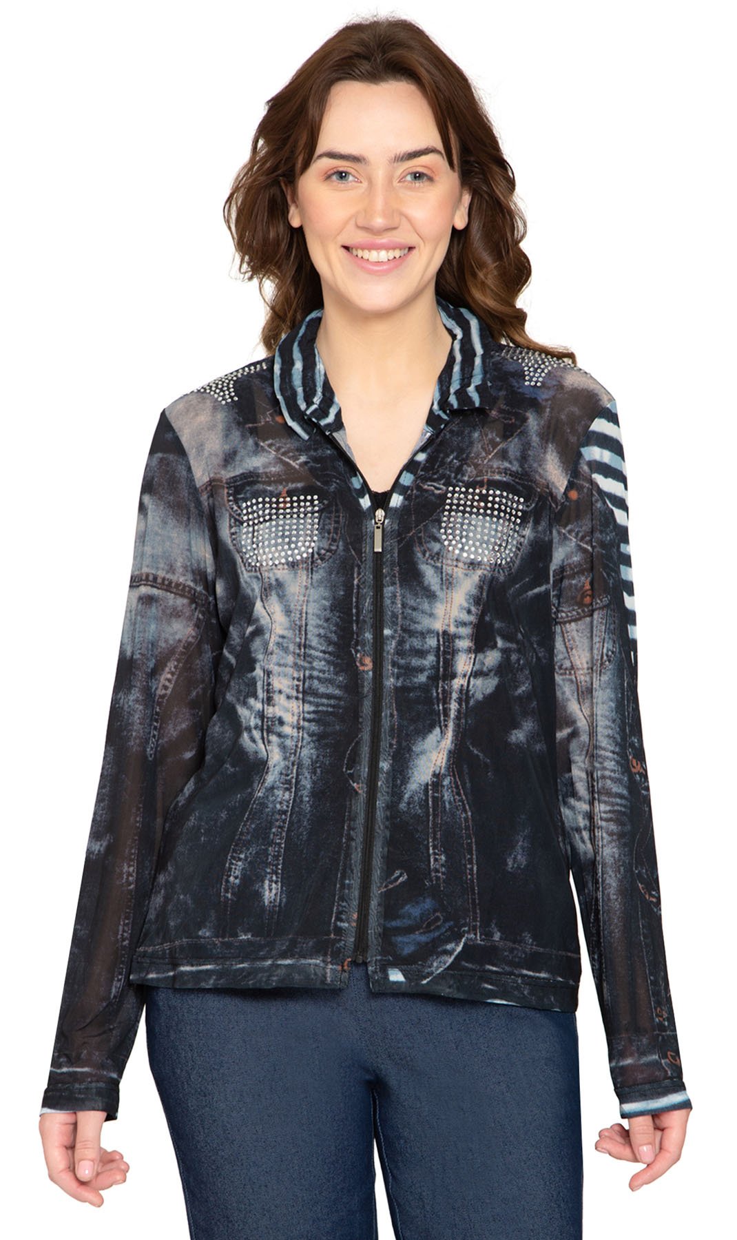 Women's Zip Front Mesh Denim Look Printed Jacket - Pendo Store