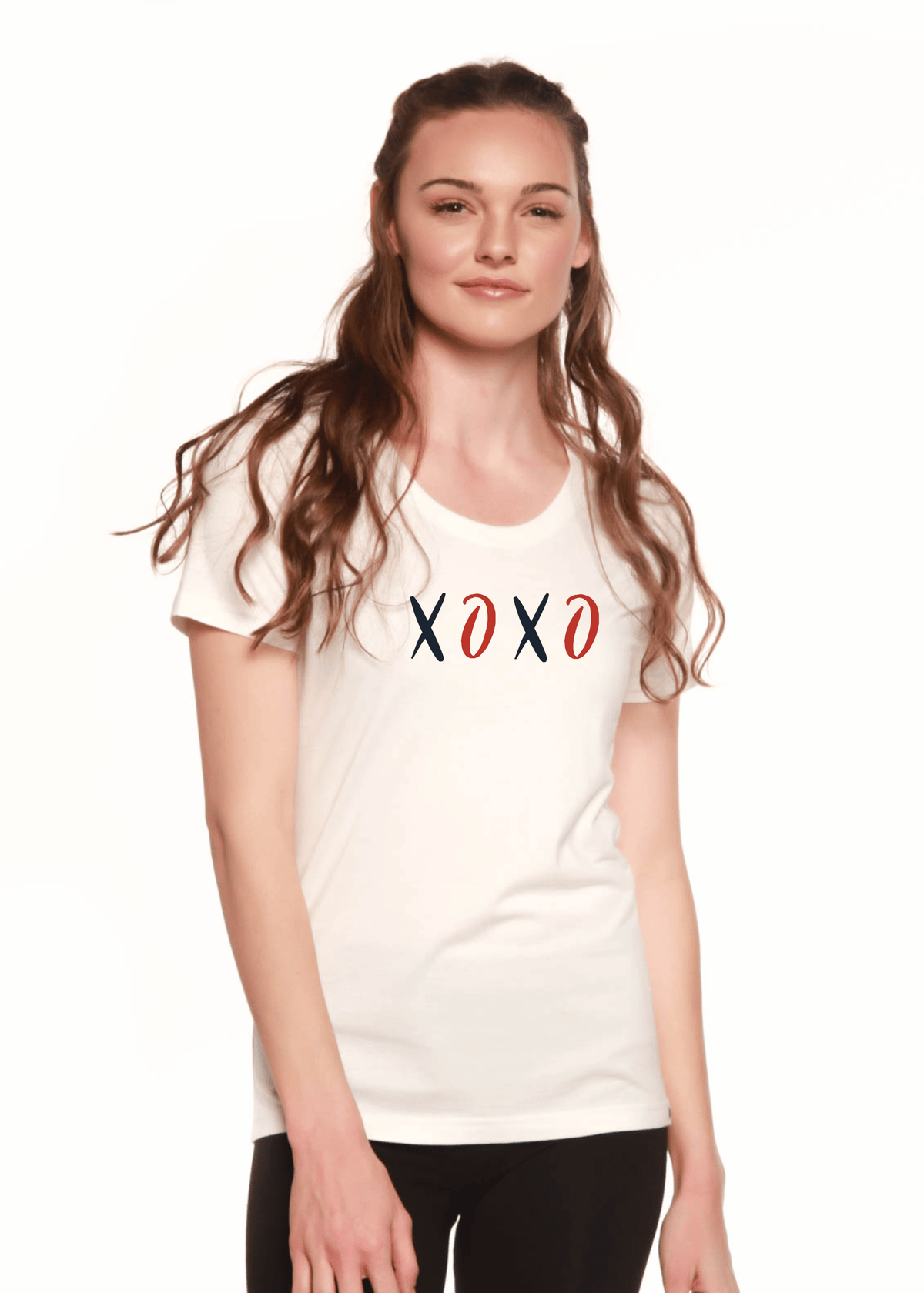 XOXO Women's Bamboo Sleeve Scoop Neck Graphic T-Shirt - Pendo Store